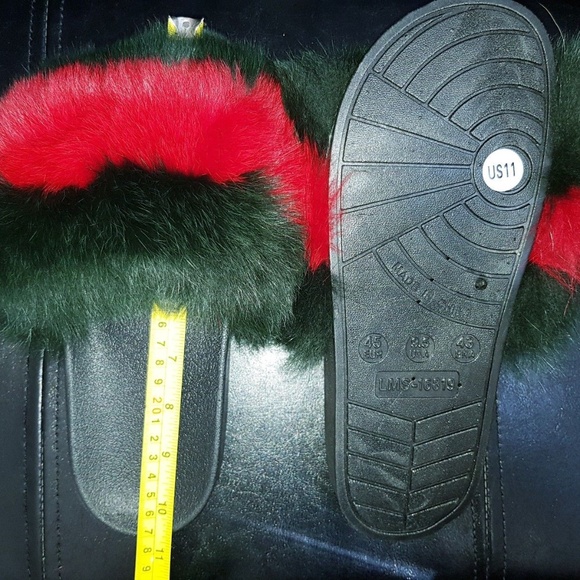 -Handmade Green Red Luxury Fox Fur Fluffy Slide - Picture 6 of 8